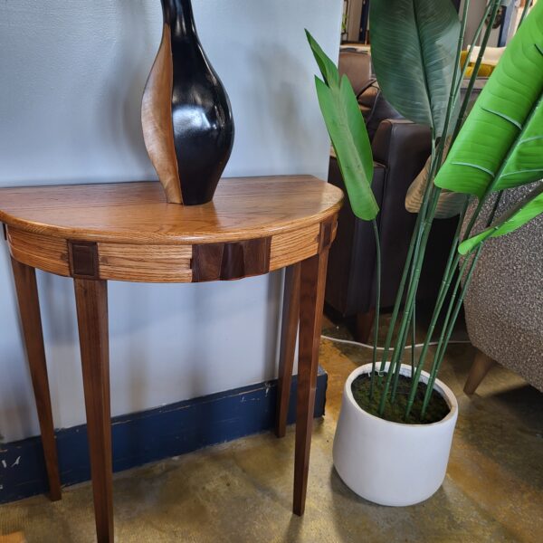 local made small demilune oak/walnut table