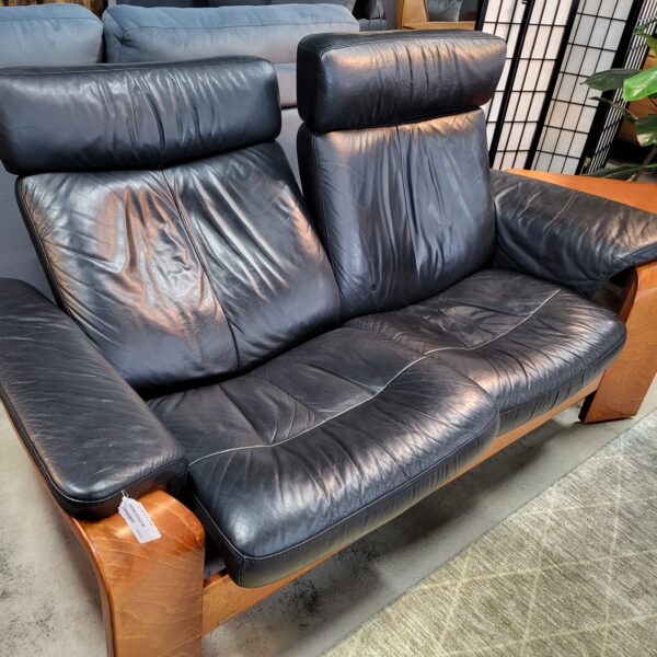 ekornes bentwood frame leather push back loveseat