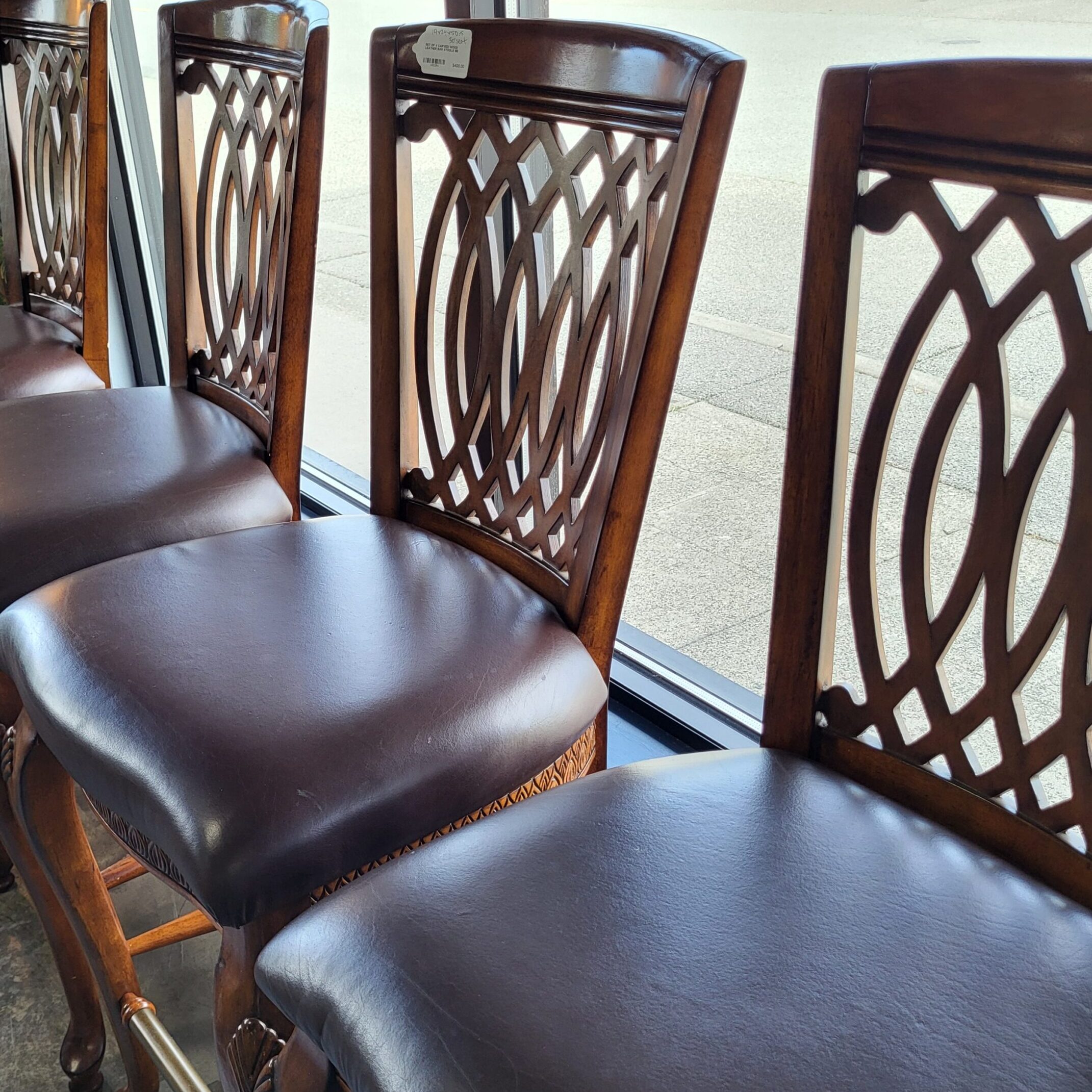 set of 4 carved woon faux leather barstools