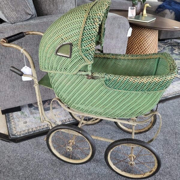 vintage green wicker doll stroller