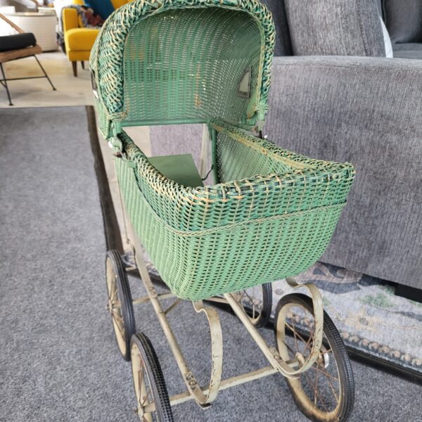 vintage green wicker doll stroller