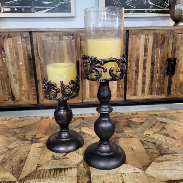 large bronze/glass candleholder pair