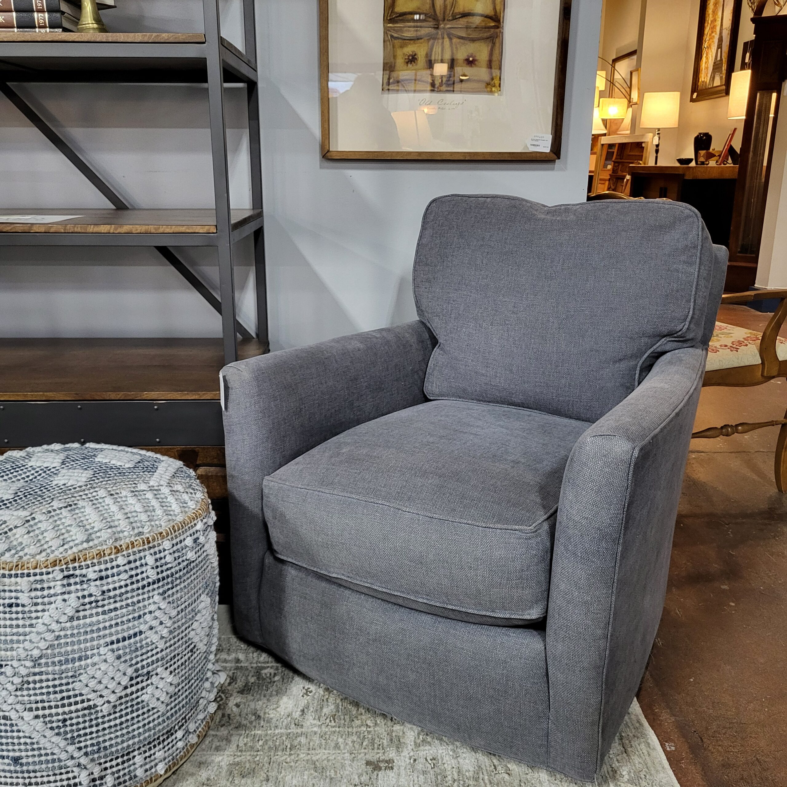 crate & barrel grey swivel down back club chair